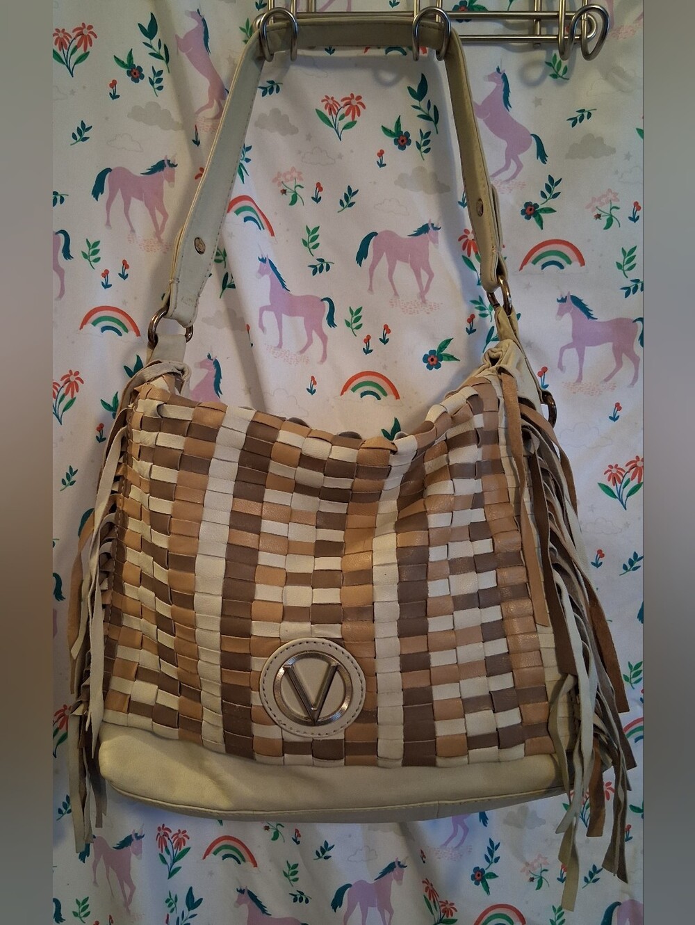 EUC RARE Vintage 80s Valentino Cream & Tan Fringe Boho Neutral Hobo Purse Bag